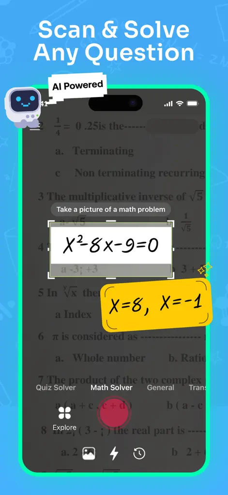 Math Solver app scanning a math problem with the iPhone camera and showing the AI solution